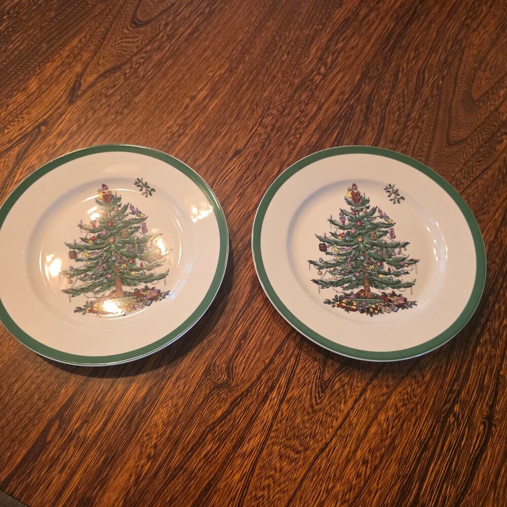 Spode Christmas Tree Salad Plates 8" Collector Pair S3324 Holiday England